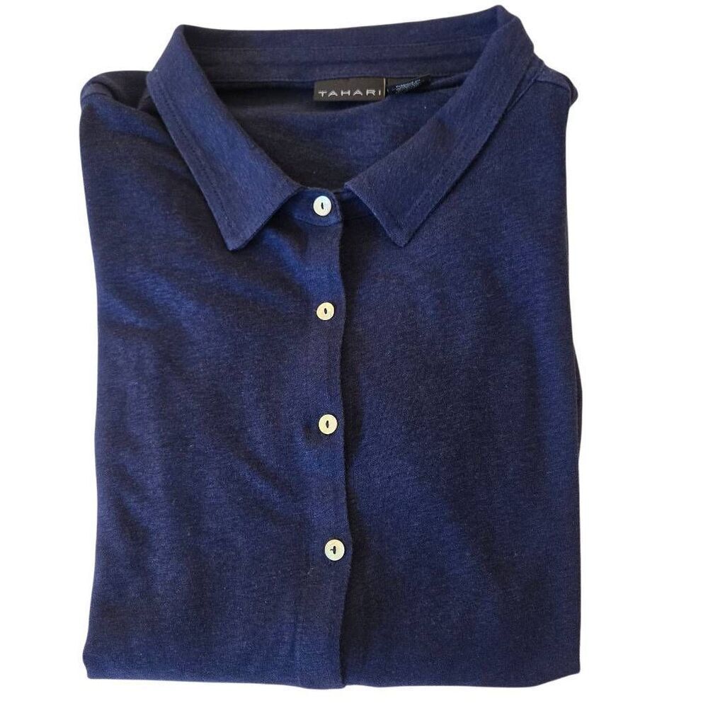 Tahari Womens Linen Blend Button Front 3/4 Sleeve Blouse Top Navy Blue Size 2X - Picture 3 of 11